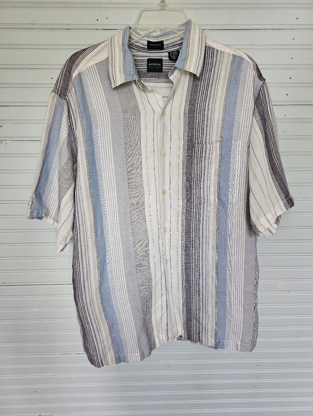 Arrow Men's Blue Gray Striped Linen Blend Short Sleeved Button Down Shirt Size L